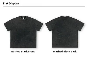 Flat lay view of a heavyweight washed black cotton t-shirt showing front and back