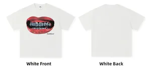 Front and back detail of American street style white cotton t-shirt with lip graphic