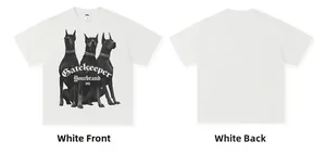 Front and back view of heavy cotton streetwear white t-shirt with Doberman print