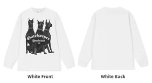 High street American style white long-sleeved Doberman print t-shirt showing front and back