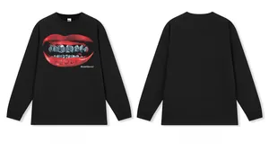 Long-sleeved black T-shirt with vintage red lip print and silver grillz graphic.