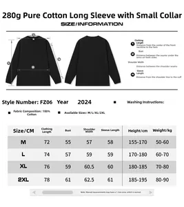Comprehensive size and information chart for heavyweight black cotton long-sleeve T-shirt