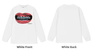 White long sleeve streetwear t-shirt with retro red lips graphic and silver teeth print