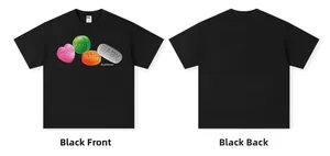 Front and back views of a black heavy cotton T-shirt with street style graphic print.