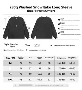 Detailed size chart and measurement guide for heavy washed black long sleeve cotton T-shirt