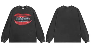 Detailed front and back views of a washed black street retro long sleeve t-shirt with lip print