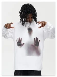 Close-up of Break Silence graphic print on high street style long-sleeved white T-shirt