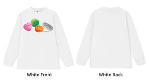 Front and back views of white long-sleeve t-shirt with YOU NEED ME BABY candy print