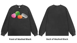 Front and back views of washed black long-sleeve tee with colorful pill graphics
