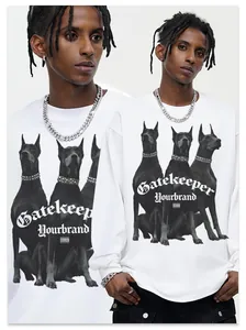 Close-up of Doberman dog graphic print on white long-sleeve streetwear t-shirt