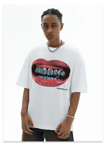 Close-up of white heavy cotton streetwear t-shirt with stylized red lips graphic print