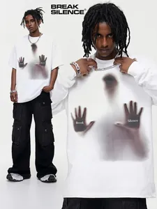 Oversized white long-sleeve cotton T-shirt with high-street ghost hand graphic print