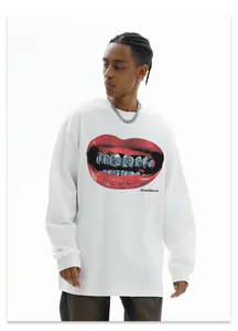 Detail of white long-sleeve tee featuring a bold red lip and teeth graphic design.