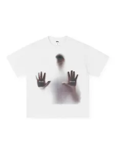 Heavy cotton white streetwear graphic T-shirt with 'Break Silence' blurry figure print