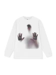 Premium white long sleeve cotton T-shirt featuring Break Silence ghostly graphic print