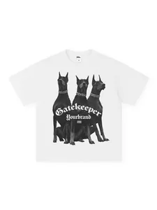 White high-street T-shirt with a vintage Doberman graphic print for men and women