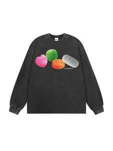 Vintage acid wash heavyweight cotton long sleeve T-shirt with colorful pill graphic print