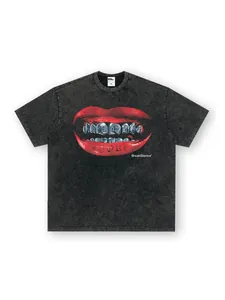 Heavyweight vintage washed black t-shirt with American street style red lip graphic print