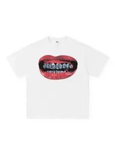 Heavyweight white cotton T-shirt featuring a vintage American streetwear lip graphic print