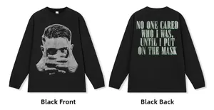 Front and back detail of black vintage heavy washed long sleeve football t-shirt