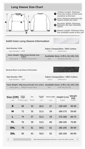 Size guide for heavyweight washed cotton long sleeve T-shirt with measurement table