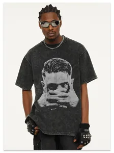 Vintage washed heavyweight cotton t-shirt with portrait graphic print for men and women