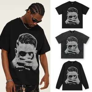 Heavyweight American retro washed black t-shirt with stylized portrait graphic print.