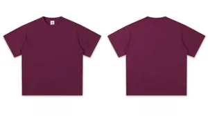 Front and back views of a 300g heavyweight cotton burgundy short-sleeve T-shirt.