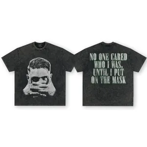 Vintage washed charcoal T-shirt with Victor football mask graphic front and back view