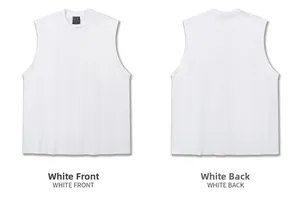 Viste dettagliate fronte e retro di un gilet in cotone bianco pesante da 300g.