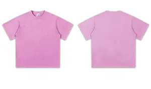 Front and back view of a pink heavy cotton short-sleeve T-shirt with a small crew neck.