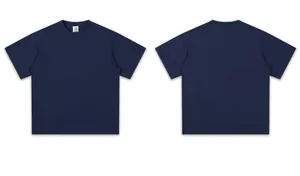 Front and back detail view of a heavyweight 300g navy blue crew neck cotton T-shirt