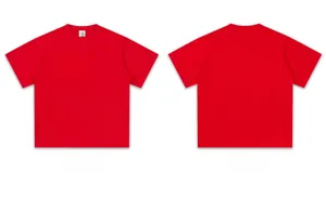 Front and back view of a heavy 300g red cotton t-shirt with a small crew neck.