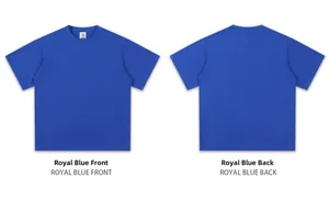 Detail showing the front and back of a royal blue heavy cotton crew neck t-shirt
