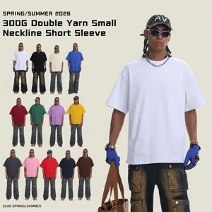 T-Shirt Homme en Coton Lourd Encolure Étroite Double Fil Haut Manches Courtes Ample American Vintage Streetwear Couleur Unie