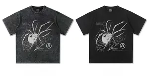 Y2K spider print t-shirt in washed black and solid black front views, 300g cotton