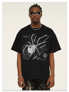 Streetwear washed black T-shirt featuring a large white spider graphic web print