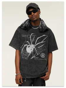 Macro view of Y2K spider graphic detail on high-weight acid-wash vintage streetwear t-shirt