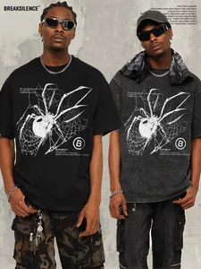 Men's American Retro Y2K Streetwear Spider Print Heavyweight Cotton T-Shirt Acid Wash Distressed Short Sleeve Top