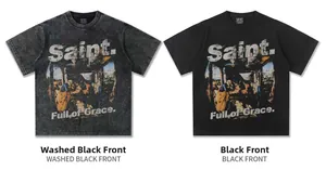 Comparison of washed black and black vintage mural print t-shirts in heavy cotton fabric