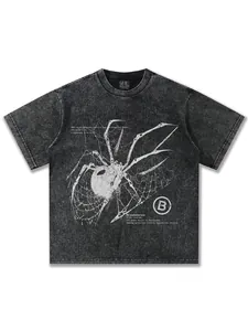 Acid-washed dark grey heavy cotton T-shirt with vintage white spider web print graphic