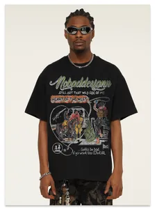Detailed view of heavy black T-shirt with vintage American cowgirl graphic print
