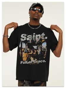 Detailed shot of vintage mural graphic print on heavy 300g black cotton T-shirt