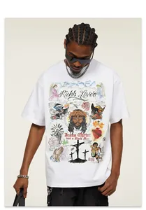 Men's heavy cotton T-shirt with hand-drawn vintage graffiti and religious graphic prints