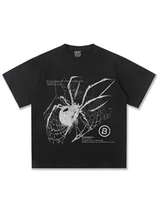 Black heavyweight 300g T-shirt with Y2K spider graphic print for street style fashion