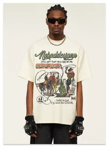Detail shot of heavyweight cream T-shirt with vintage American cowgirl illustration print.