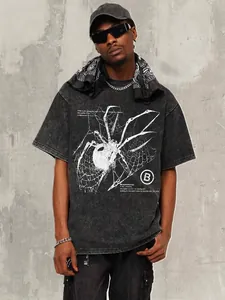 Streetwear oversized washed cotton T-shirt with Y2K spider graphic print