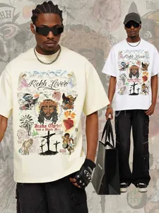 Men Heavy Cotton T-Shirt American Vintage Streetwear Graffiti Angel Hand-Drawn Print Short Sleeve Crew Neck Loose Top