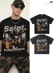 Vintage mural print washed black heavy cotton street style t-shirt for men and unisex wear