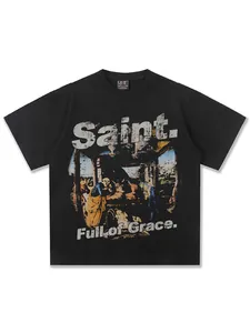 Vintage distressed black heavyweight 300g t-shirt with Saint mural graphic print